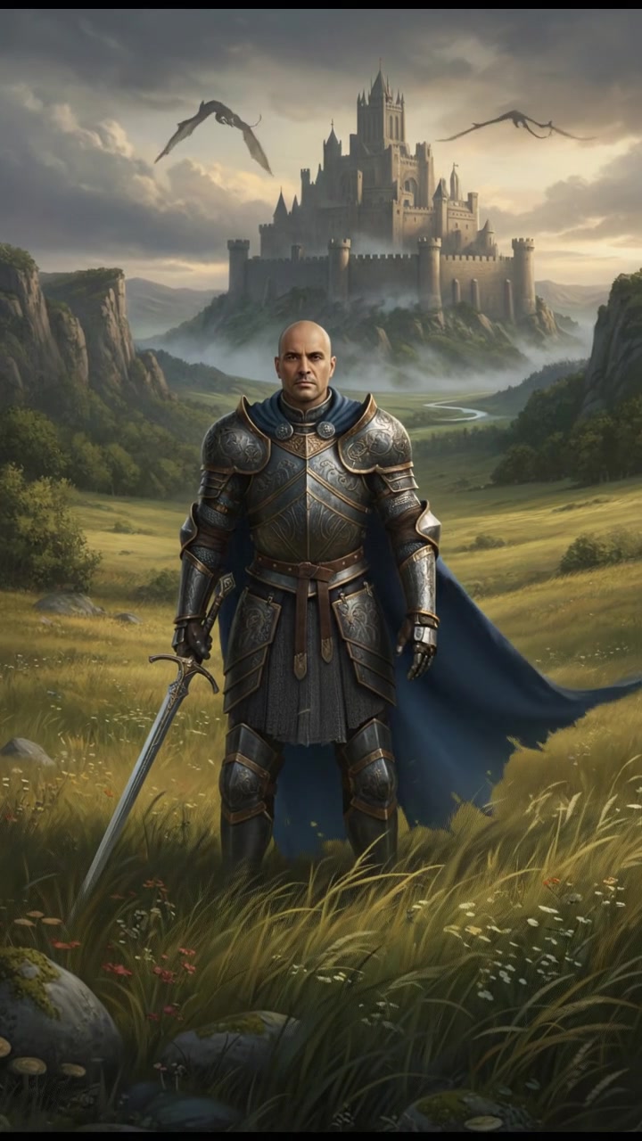 Carlos standing confidently in an open field, with a slight wind rustling through the grass.