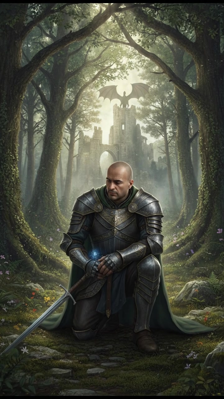 The Carlos kneeling in a quiet forest, surrounded by tall trees, looking contemplative.