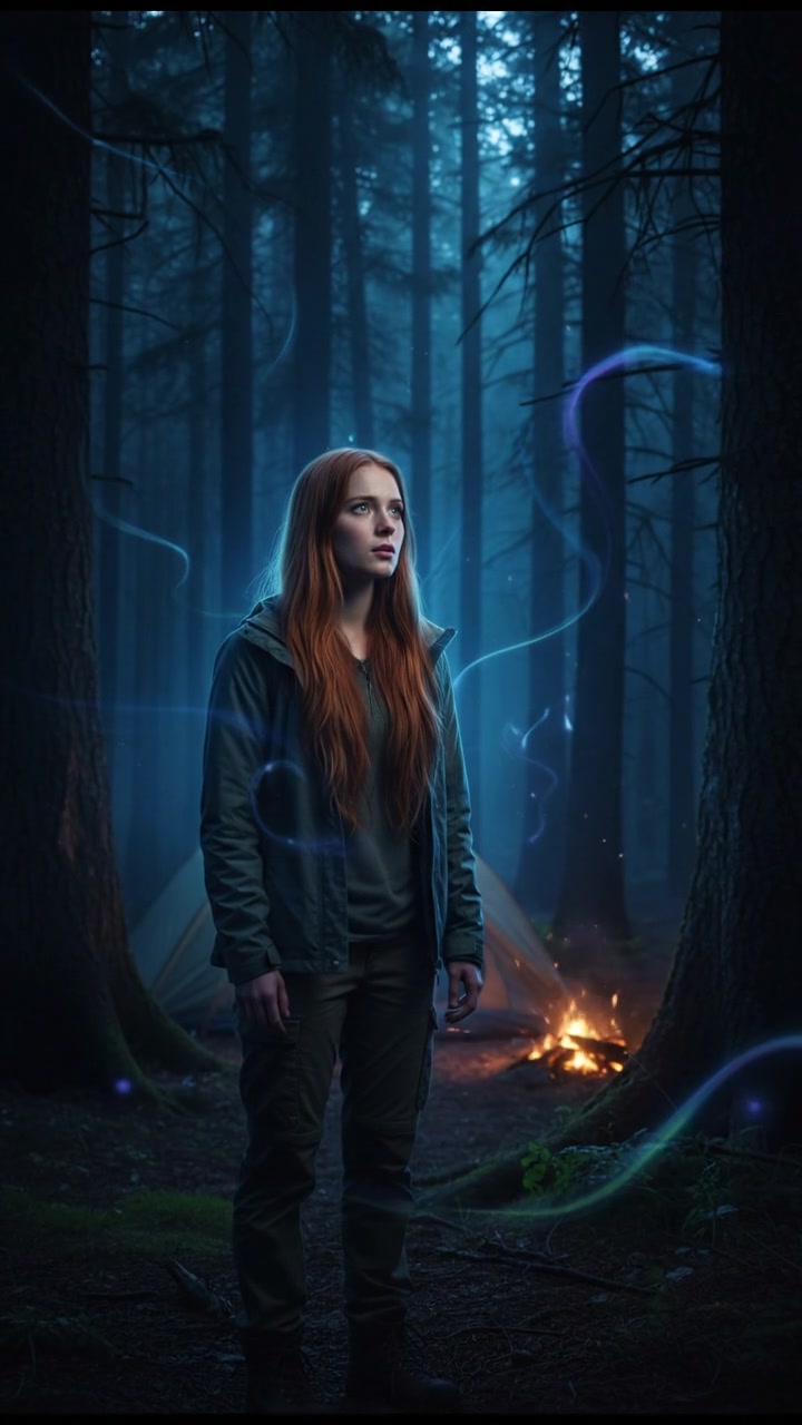Emma standing at the edge of a campsite, gazing into the surrounding dense forest with a concerned expression.