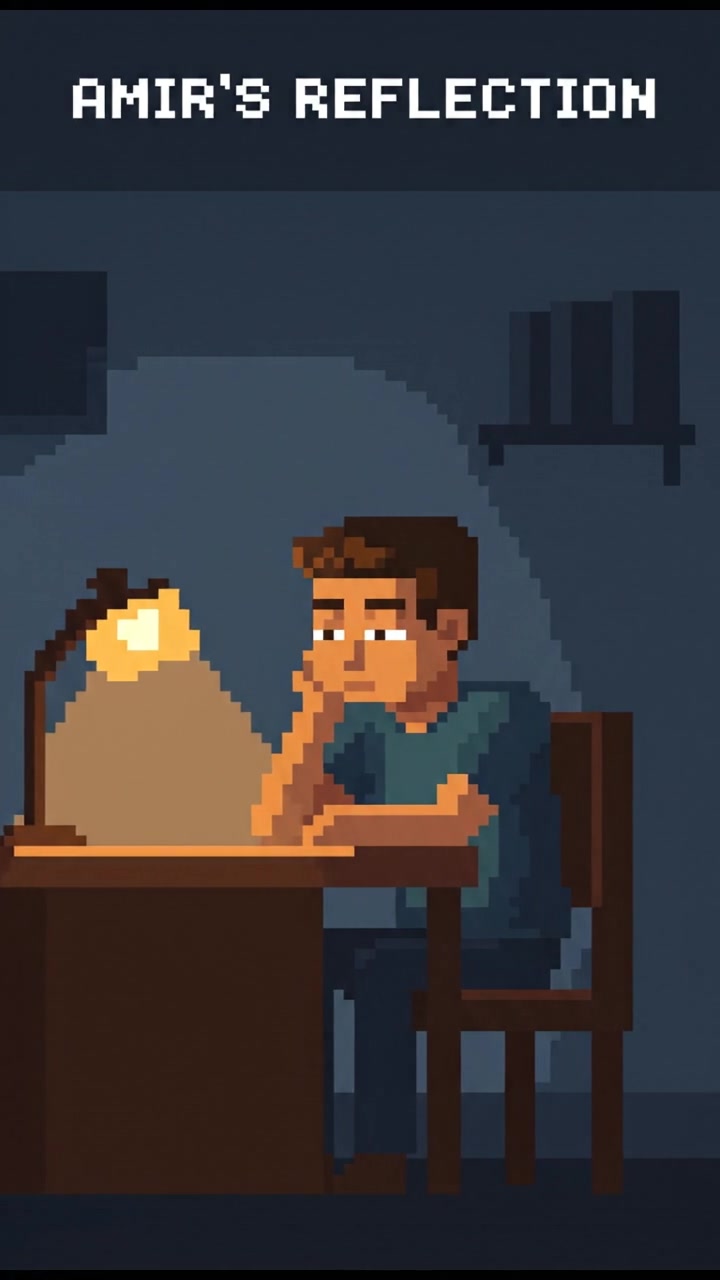 A dimly lit room with a single lamp casting soft light over Amir, who sits at a desk, lost in thought.