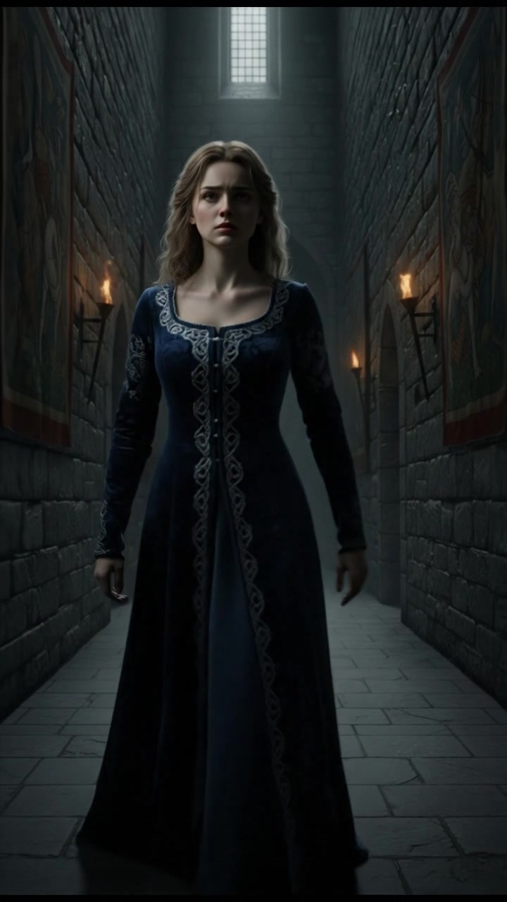 Ashley standing alone in a dimly lit hallway, looking anxious with her hands clasped together.