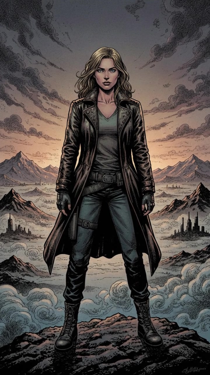 Ashley standing on a hilltop at dawn, looking out over a misty landscape.