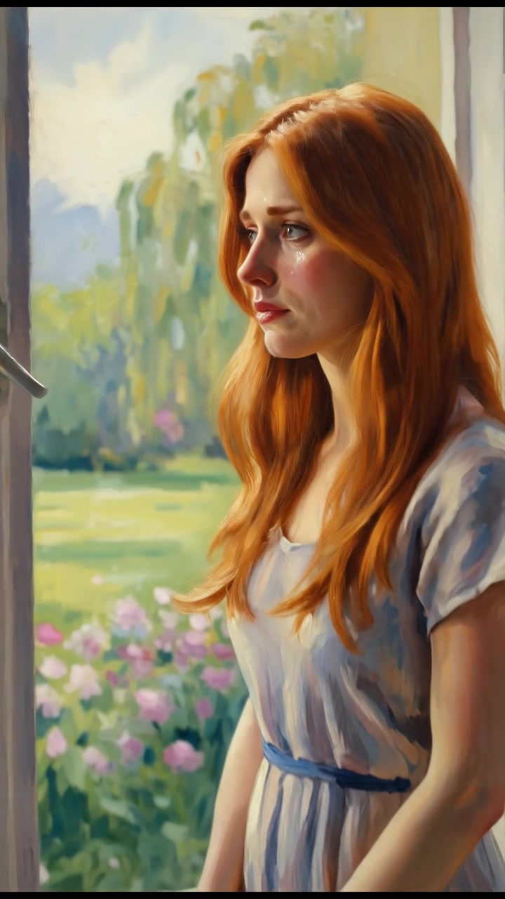 Emma stands in a bright room, tears in her eyes, looking out of the window.