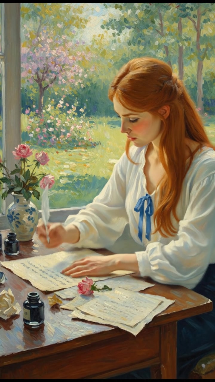 Emma sitting at a desk, writing a letter with a determined expression.