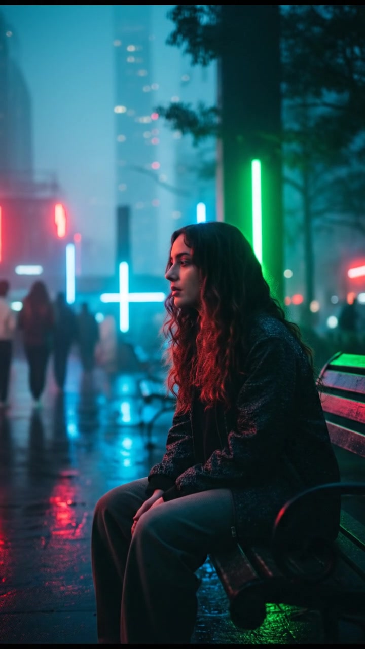 Maya sitting quietly on a bench in a park, her long, loose curls framing her face as she listens.