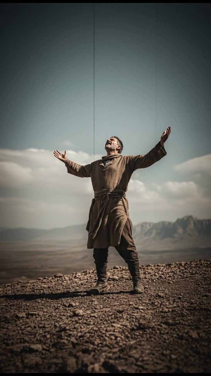 Omar standing confidently on a hilltop, proclaiming with his arms wide open to a clear blue sky.