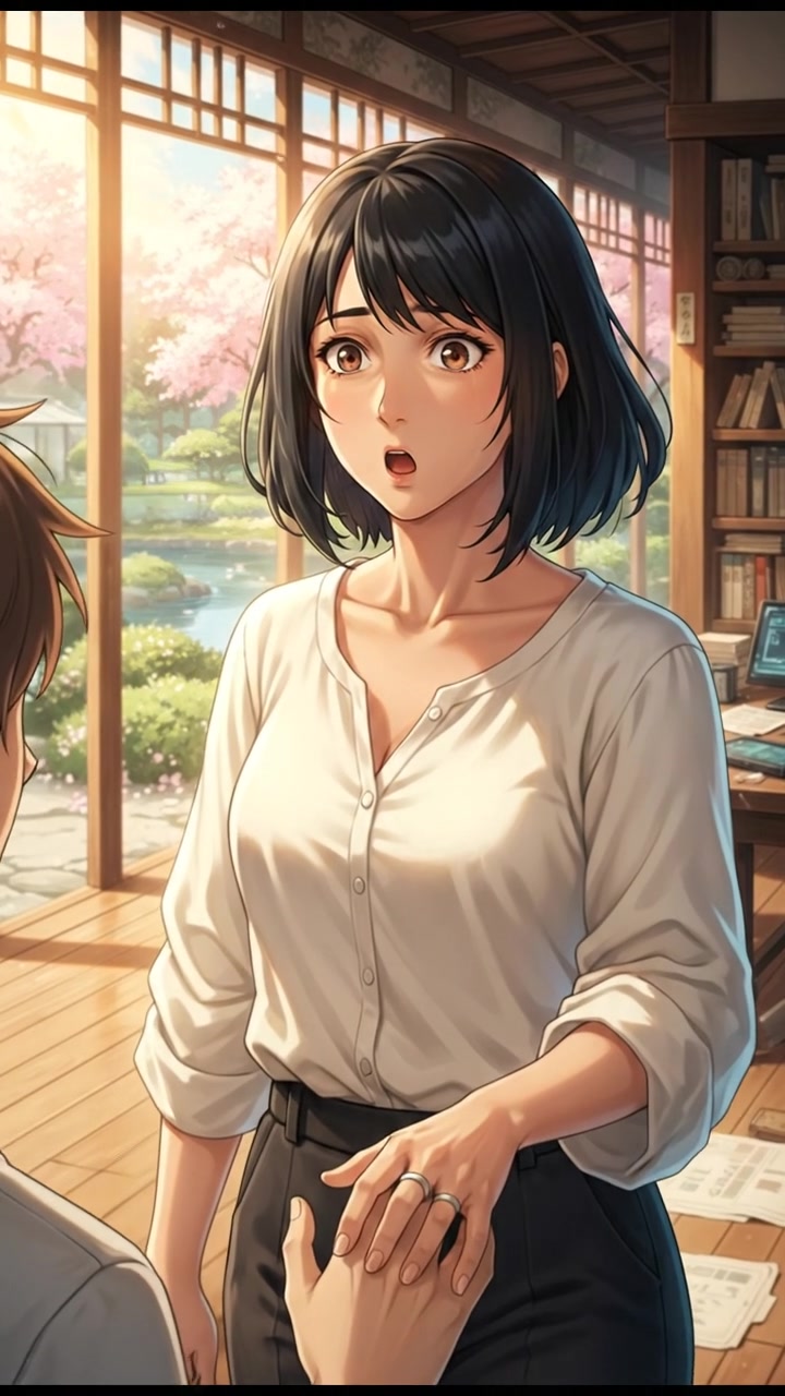 Li standing in a bright room, her expression changing as she finally sees the face of the figure.