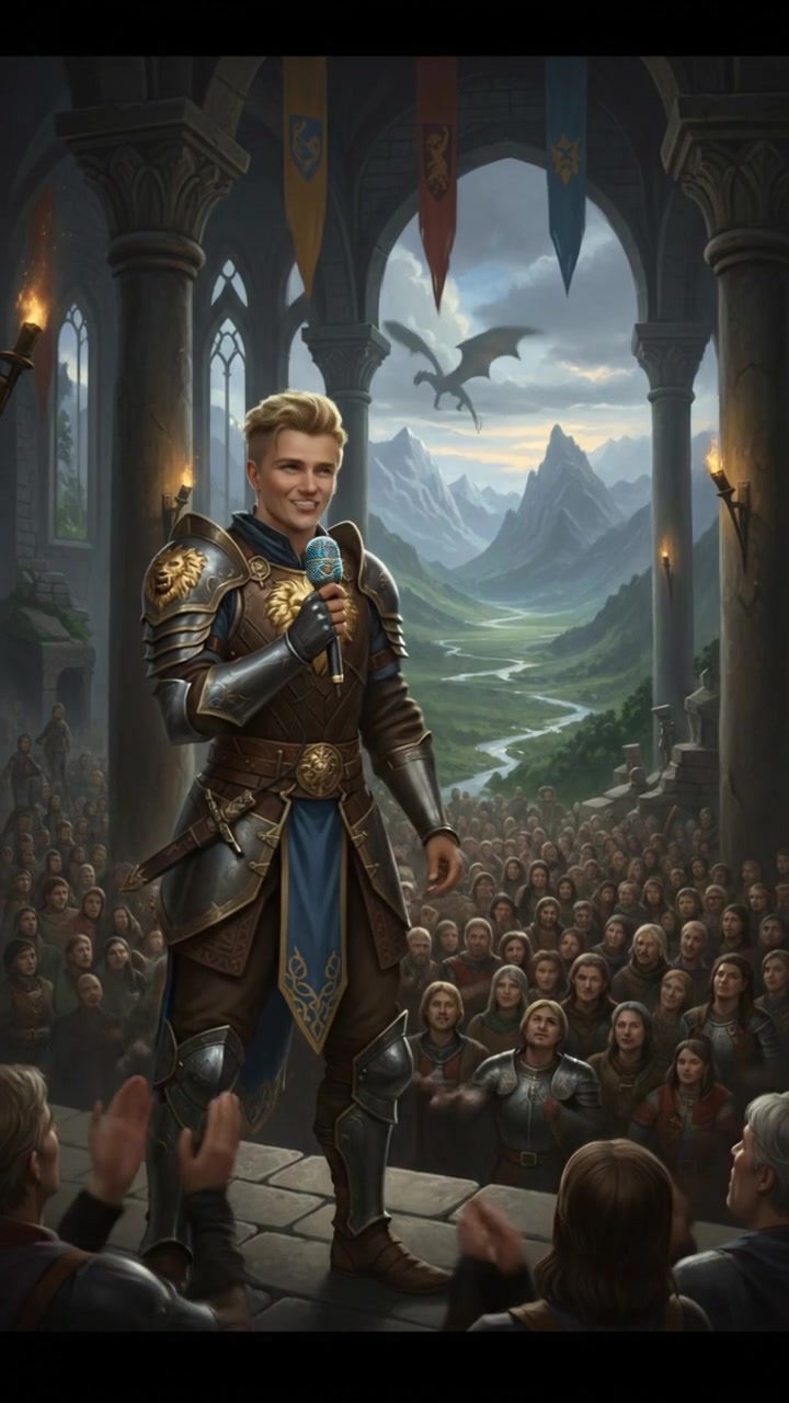 The Ryan holds a microphone, looking excited, with a bright expression while speaking to the audience.