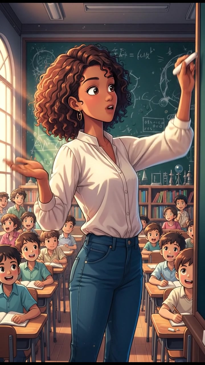 Nia standing in front of a blackboard, holding a piece of chalk, with a classroom in the background.