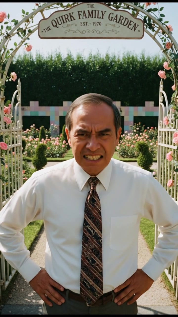 Hiro, standing outside his garden, looking furious, with hands on hips and a furrowed brow.