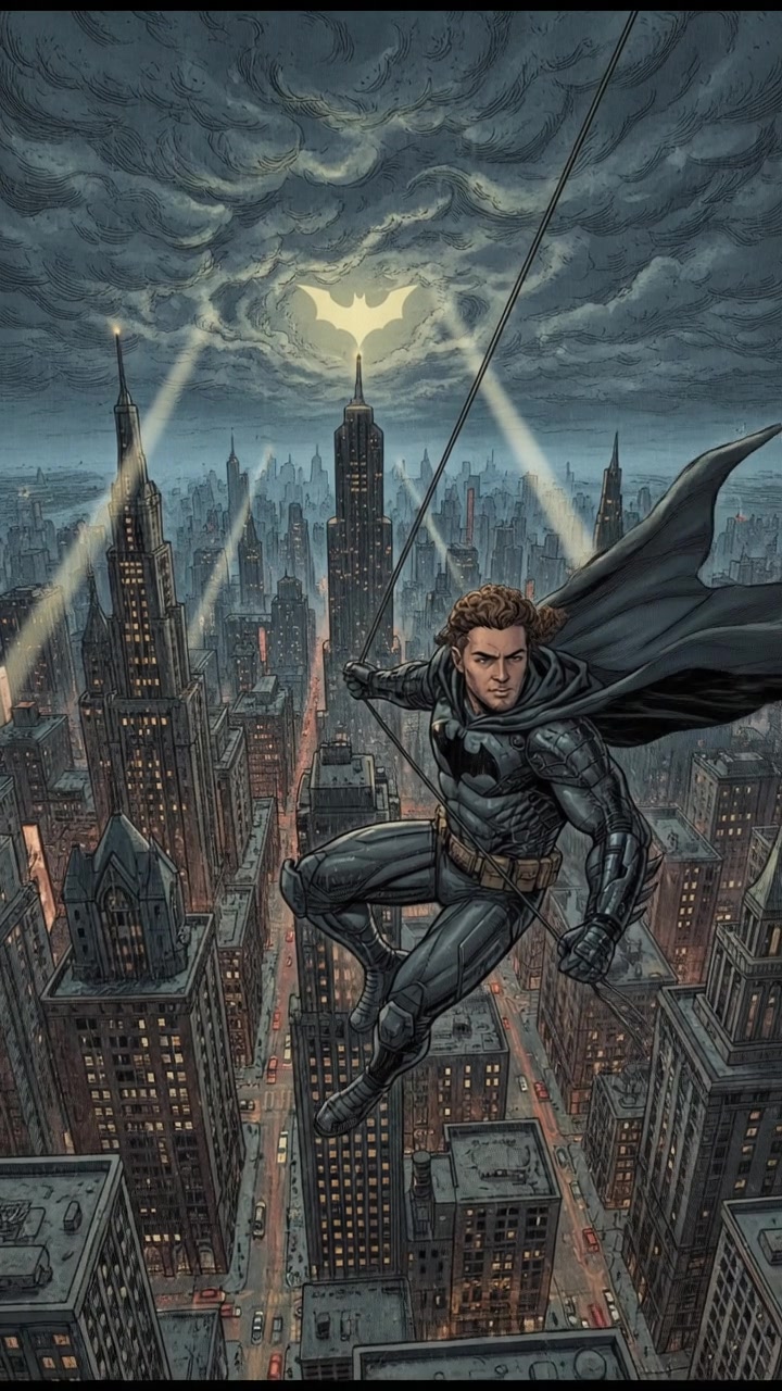 An aerial shot of Gotham City under dark clouds, with Mateo swinging through the air approaching it.