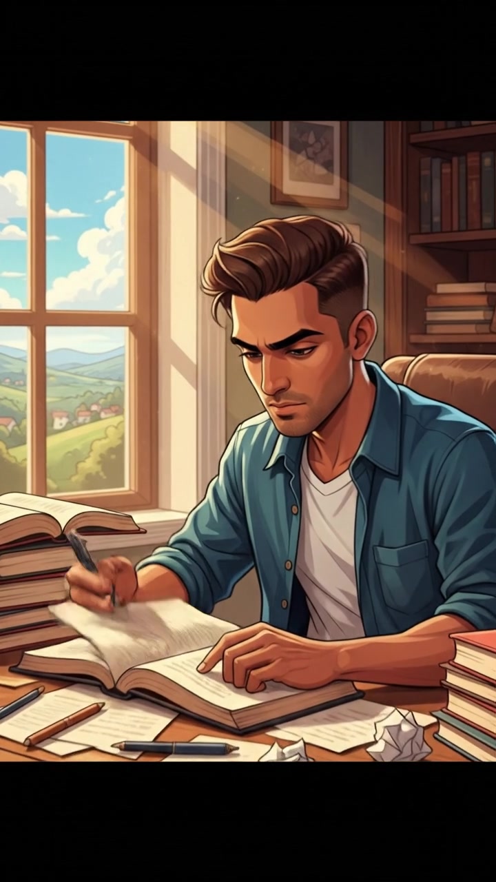 Arjun studying at a desk, surrounded by books and papers, with a focused expression and a window showing a sunny day.