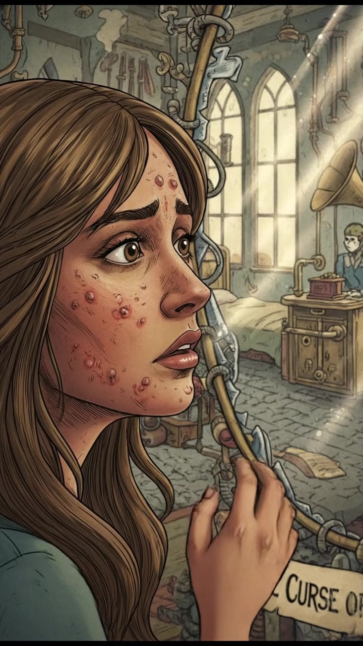 The Priya looking concerned while inspecting her face in a mirror, showing signs of acne and redness.