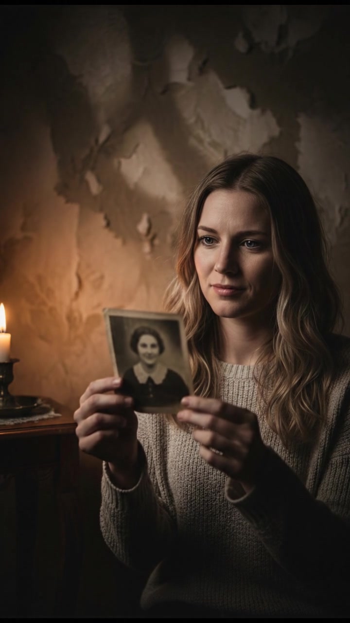 A close-up of Ashley examining an old photograph, her expression showing nostalgia.