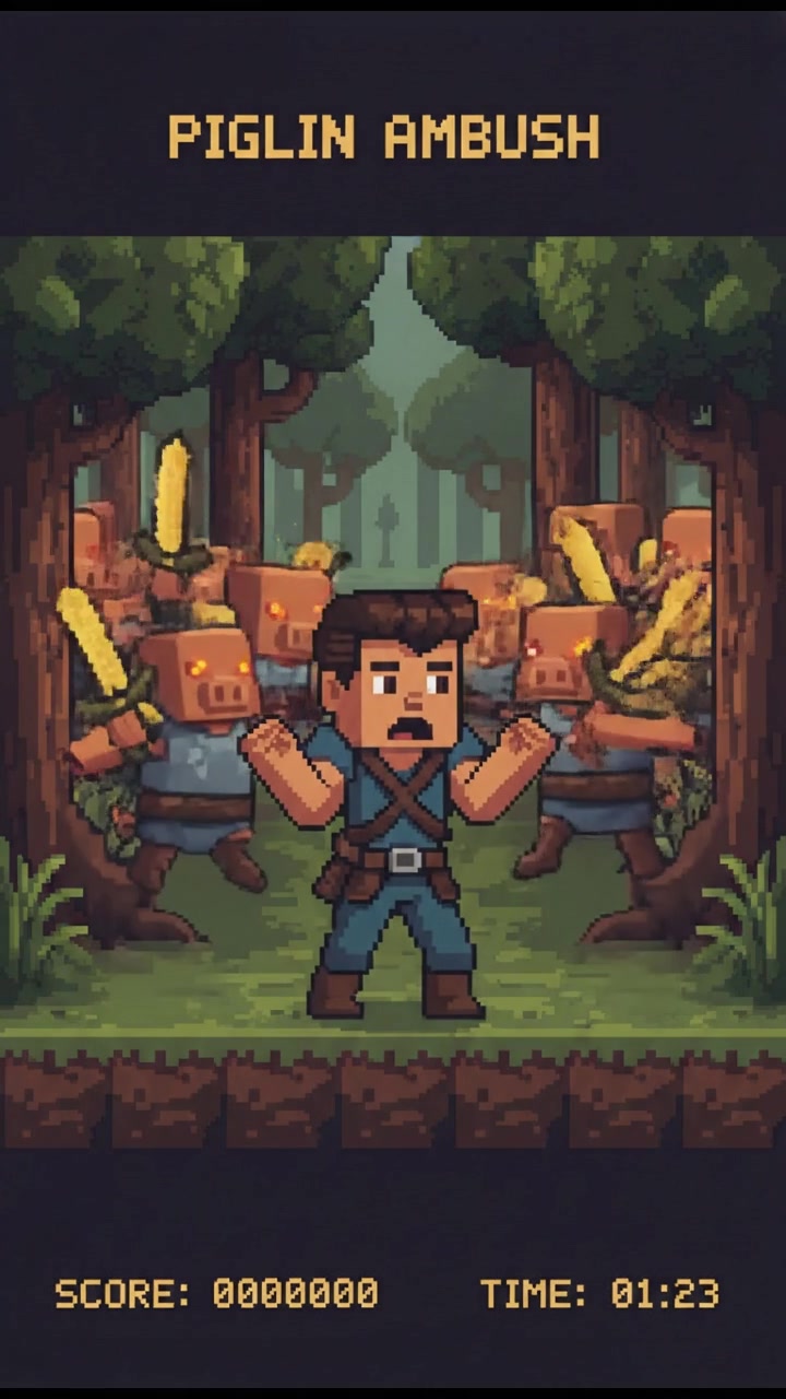 A group of piglins emerging from the dense forest, surrounding Amir who looks startled.