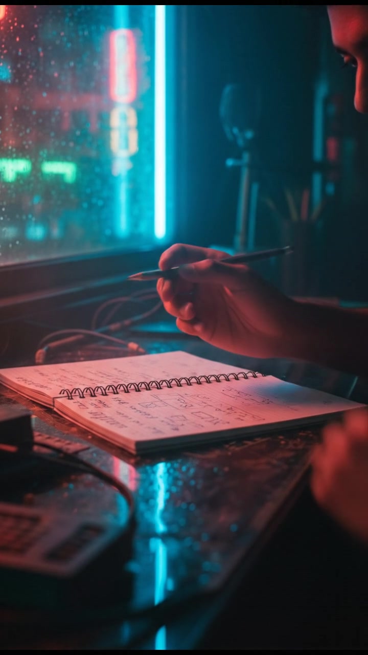 A close-up of Arjun's hand holding a pencil, poised above a notebook filled with notes.