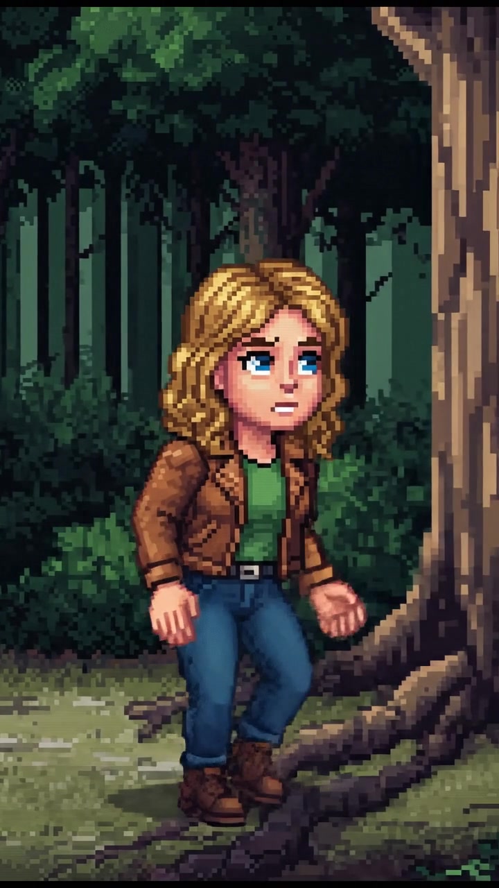 A close-up of Ashley, looking concerned as she walks cautiously through a dense, shadowy forest.