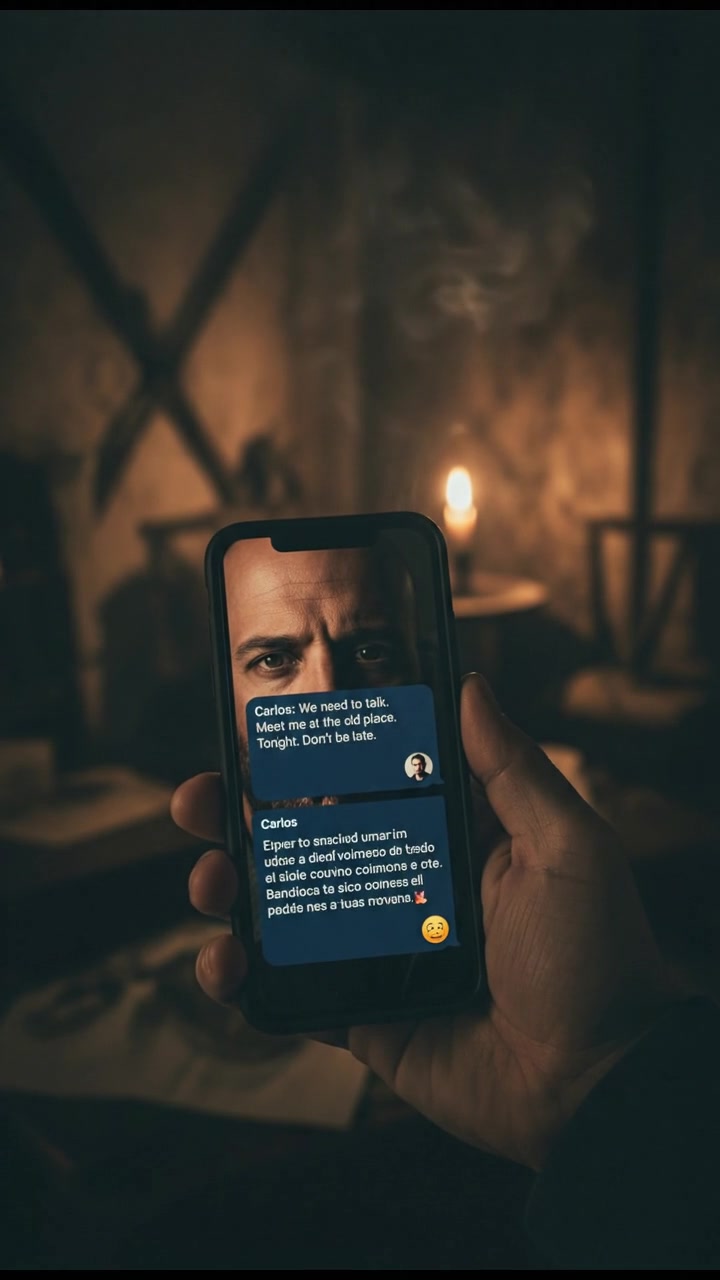 A close-up of a phone screen displaying a message from 'Carlos'. The background is blurred.