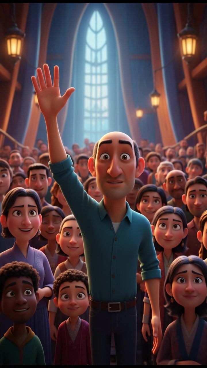 A close-up of Carlos standing in the crowd with a questioning look, raising his hand to ask.