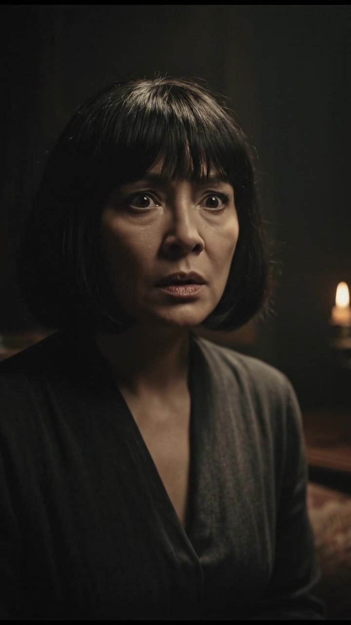 A close-up of Li with a surprised expression, sitting on a couch, her hands resting on her lap.