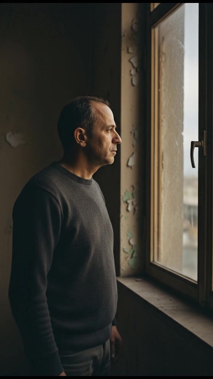 Omar stands alone in a dimly lit room, looking out a window with a thoughtful expression.