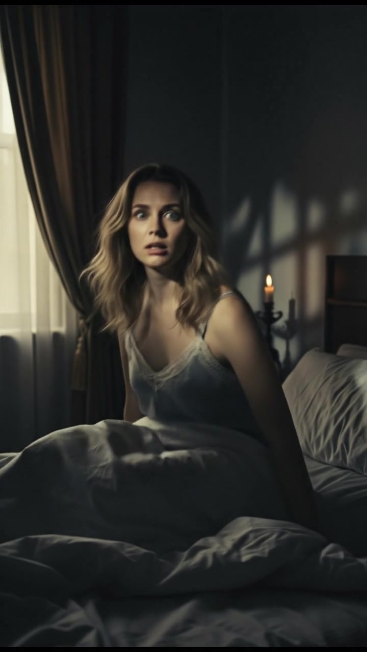 A close-up of Ashley sitting up in bed with a startled expression, early morning light filtering through the curtains.