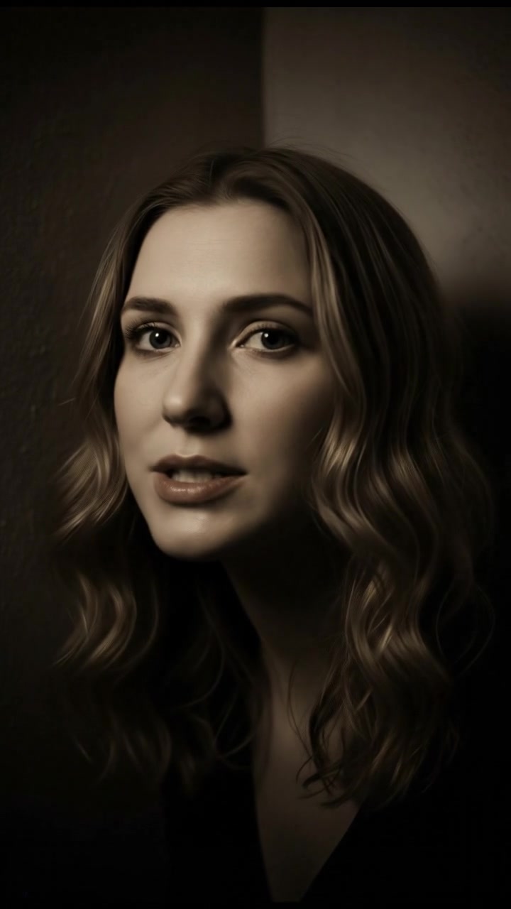 A close-up of Ashley whispering, her lips parted slightly, in a shadowy corner of the room.