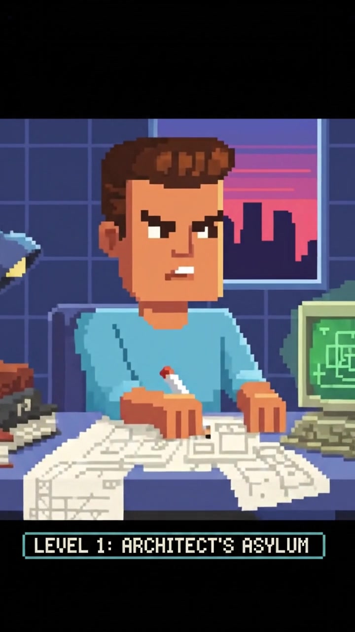 Amir sitting at a desk covered in architectural sketches and textbooks, looking determined.