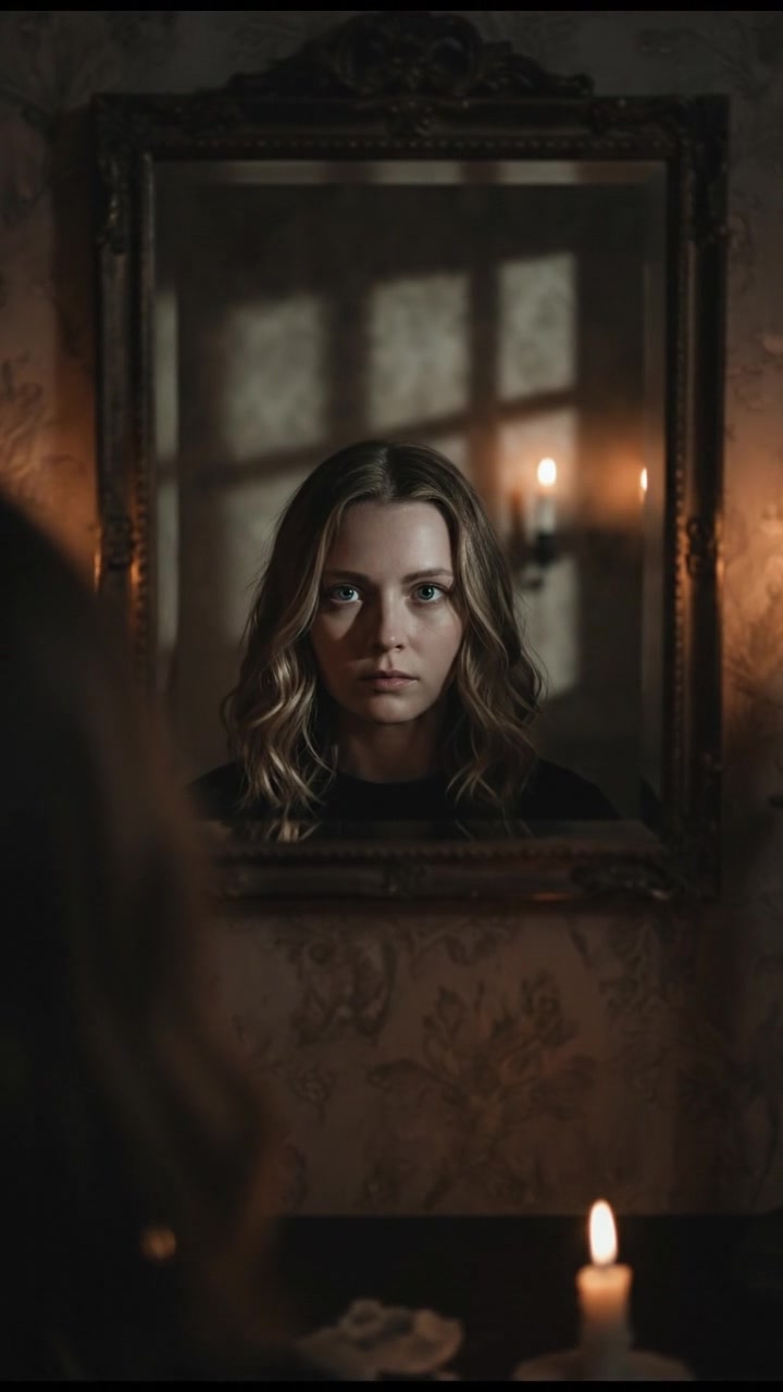 A close-up of the mirror showing Ashley's reflection, which appears to be staring back intensely.
