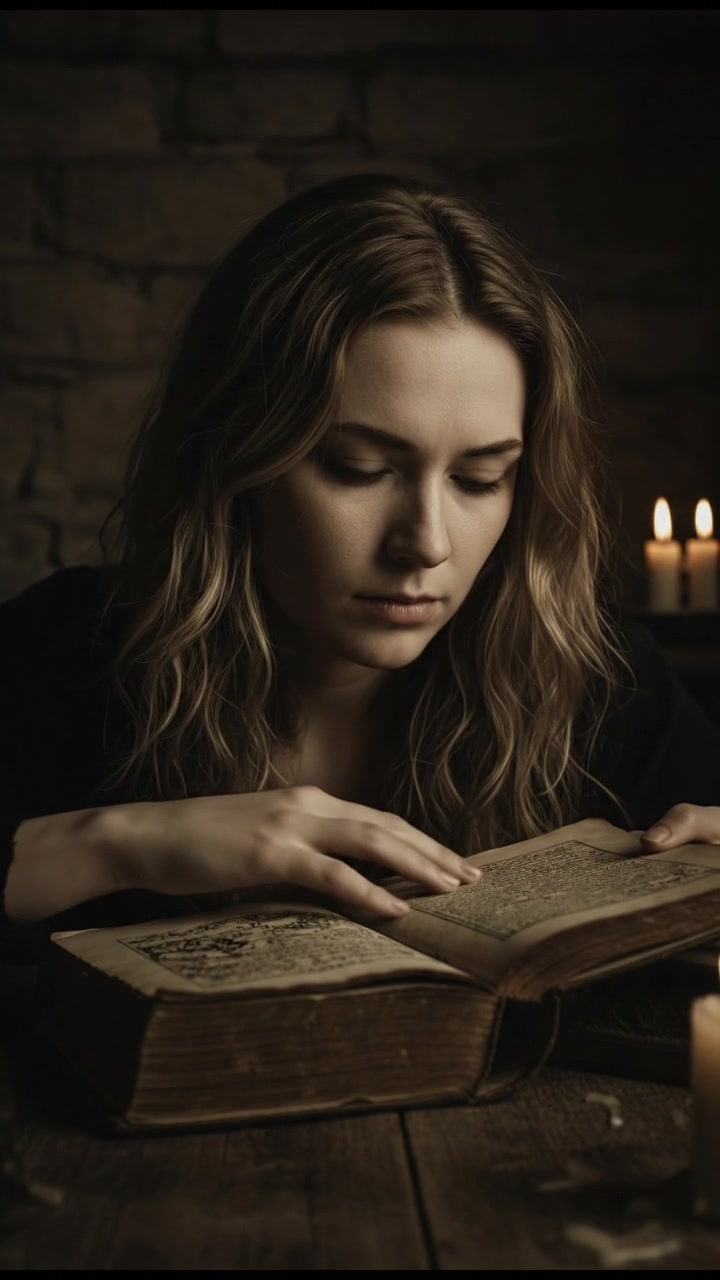A close-up of Ashley examining an old book, her fingers brushing over the pages.