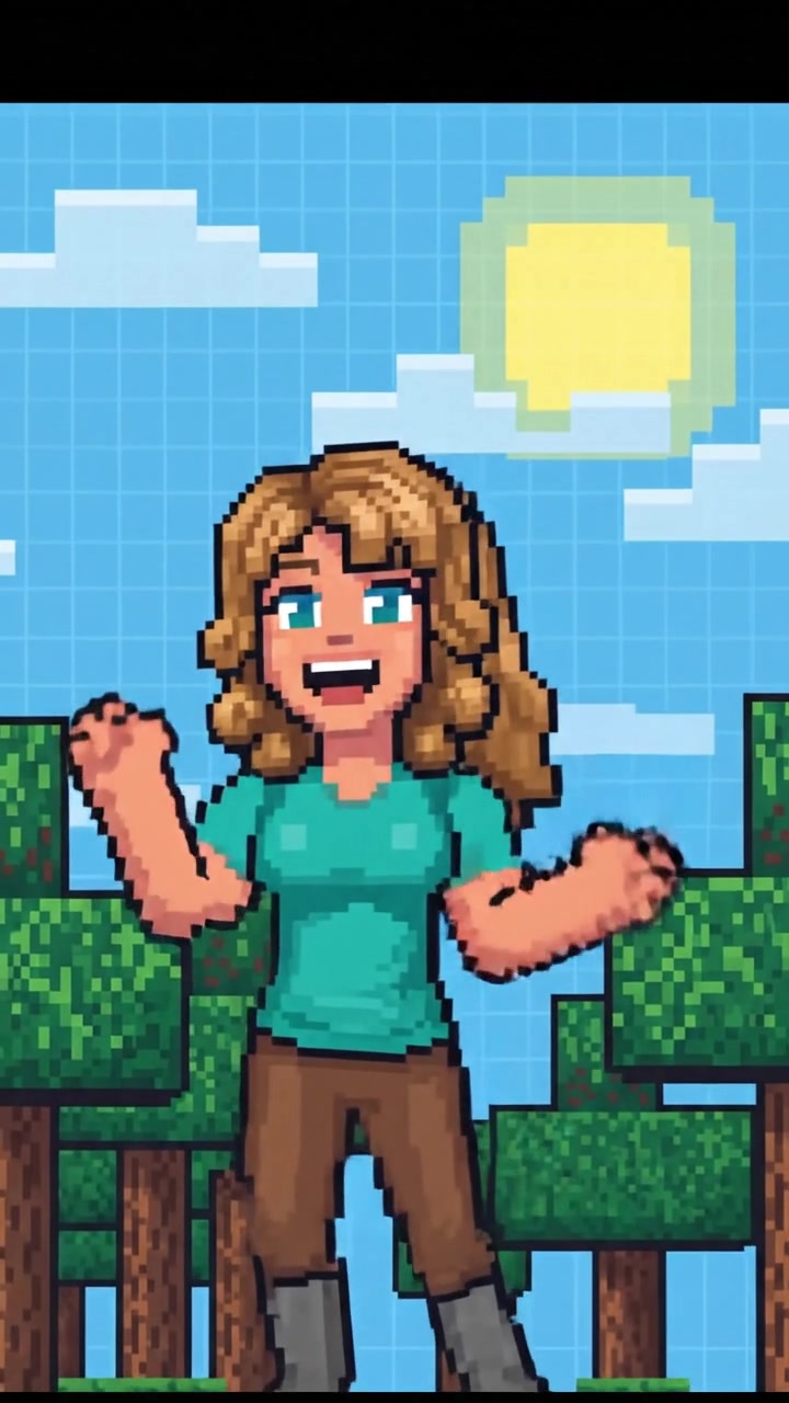 Ashley, standing excitedly in a Minecraft forest, waves her arms, surrounded by pixelated trees.
