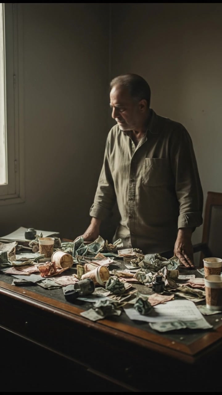 The Omar standing by a desk filled with crumpled bills and paperwork, looking frustrated.