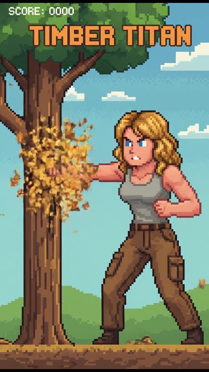 Ashley punching a tree, wood chips flying, with a focused expression on her face.