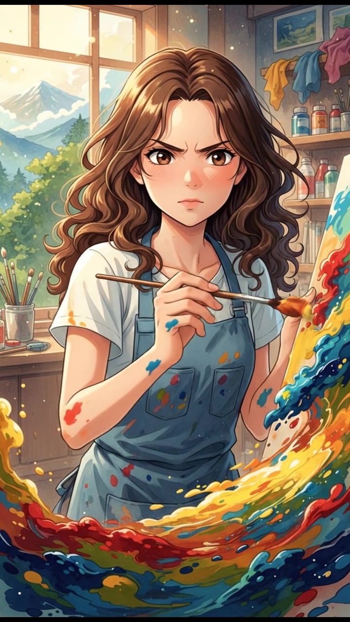 Close-up of Maya painting on a canvas, her concentrated expression as colors blend together.