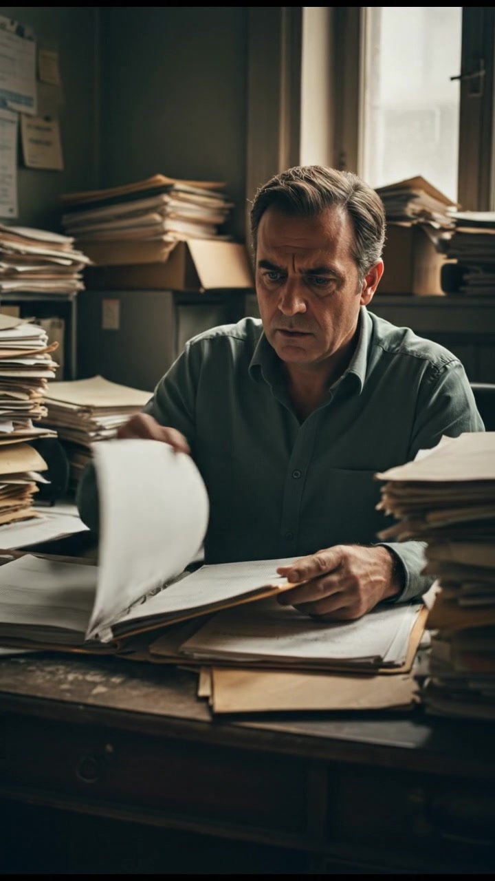Omar in his office, looking at patient files with concern, surrounded by medical charts.