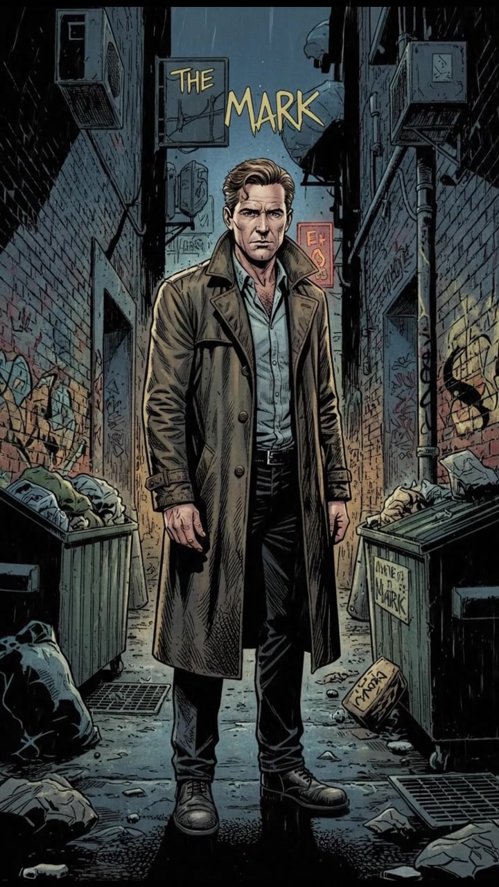The Mark standing in a dark alley of Gotham City, surrounded by graffiti-covered walls.