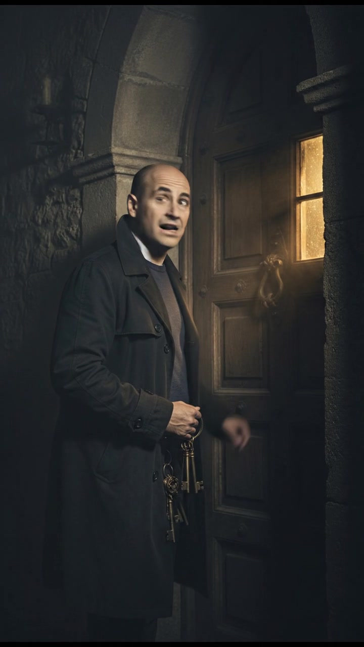 The Carlos standing outside the door, looking back with a puzzled expression, holding a set of keys.