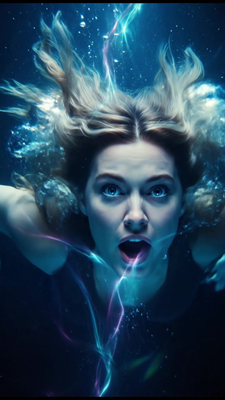 A close-up of Ashley's determined face, with her hair flowing in the water, as she shouts 'Almost there!'.