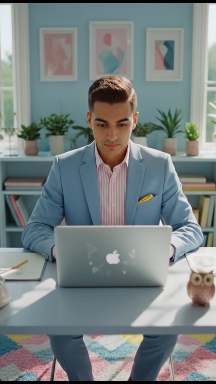 A close-up of Amir working on a sleek laptop, hands poised over the keyboard, in a modern, well-lit office.