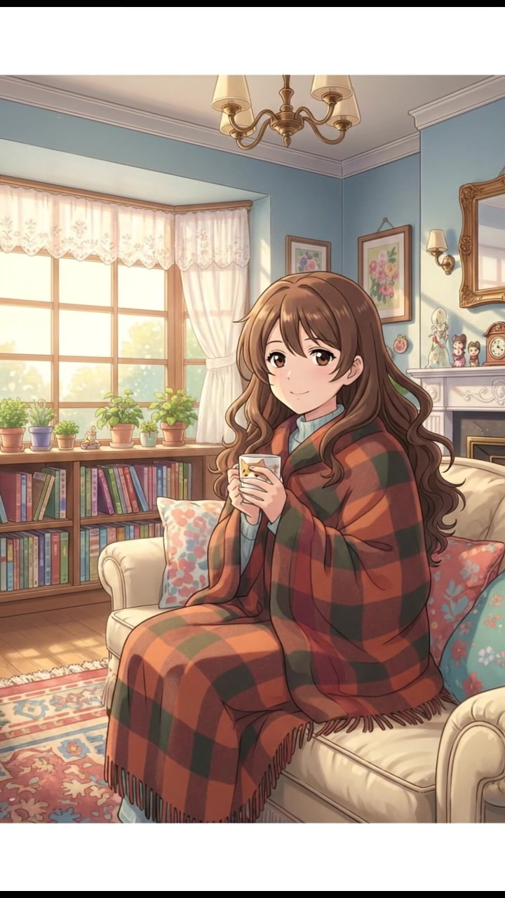 Maya sitting on a cozy couch with a warm blanket, in a well-decorated living room.