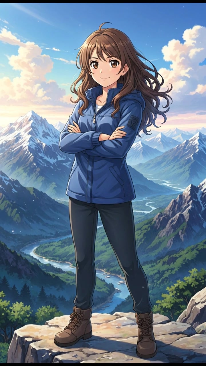 Maya standing confidently with her arms crossed, facing a scenic view of mountains and clear sky.