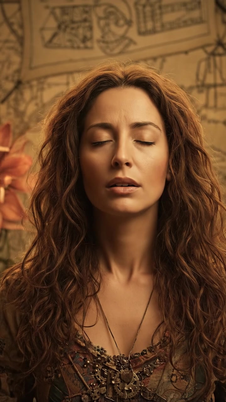 A close-up of Maya sitting cross-legged on a mat, surrounded by flowering plants and candles.