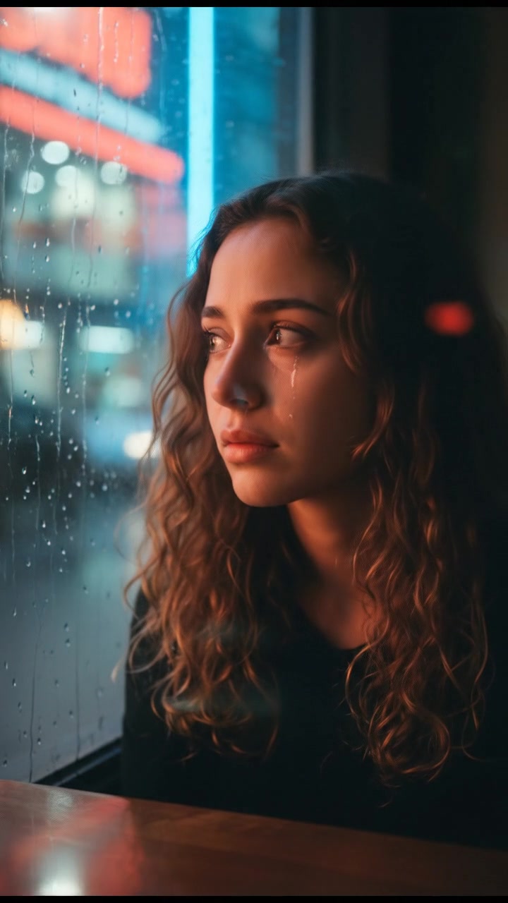 A close-up of the Maya's sad eyes looking out of a window at the rain.