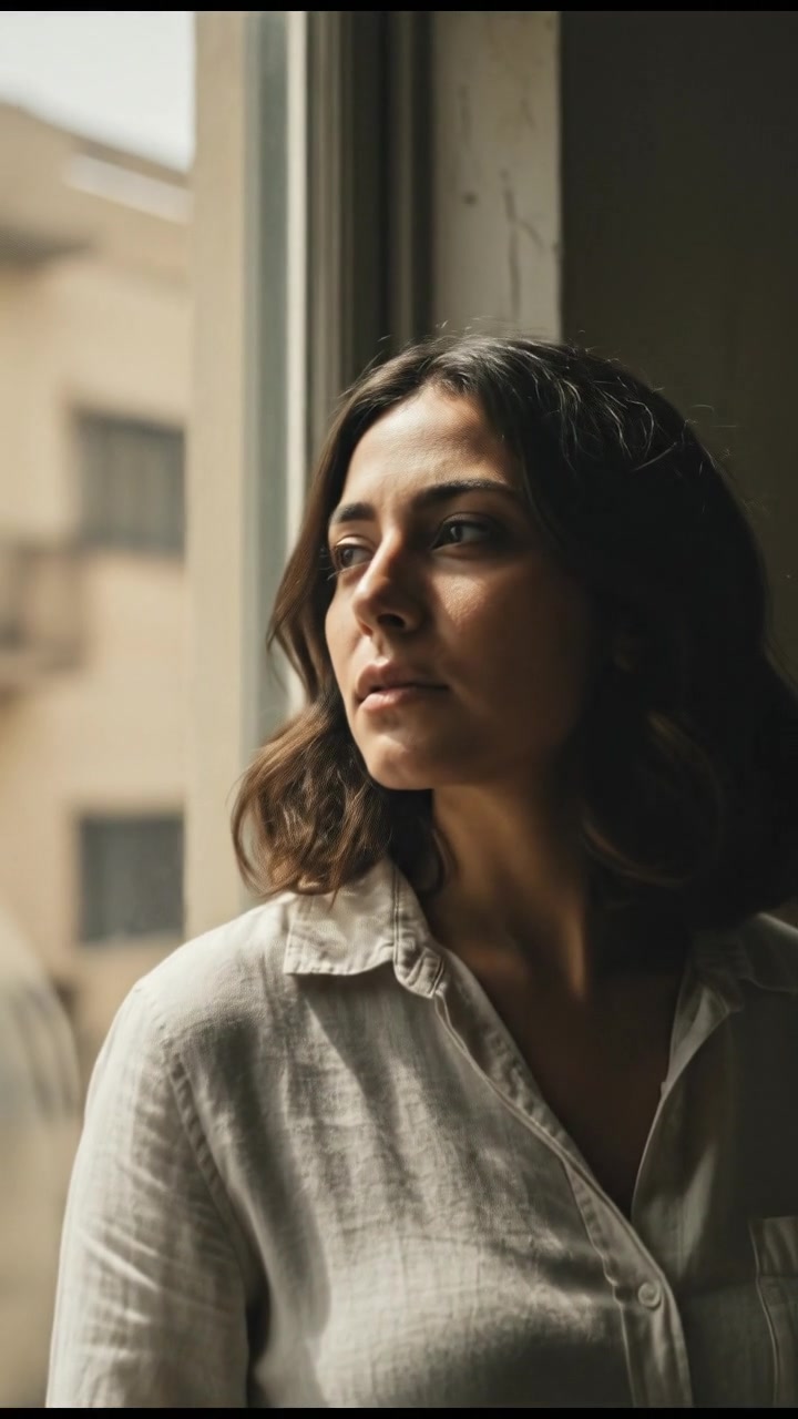 A close-up of Laila standing in a sunlit room, looking thoughtfully out a window.