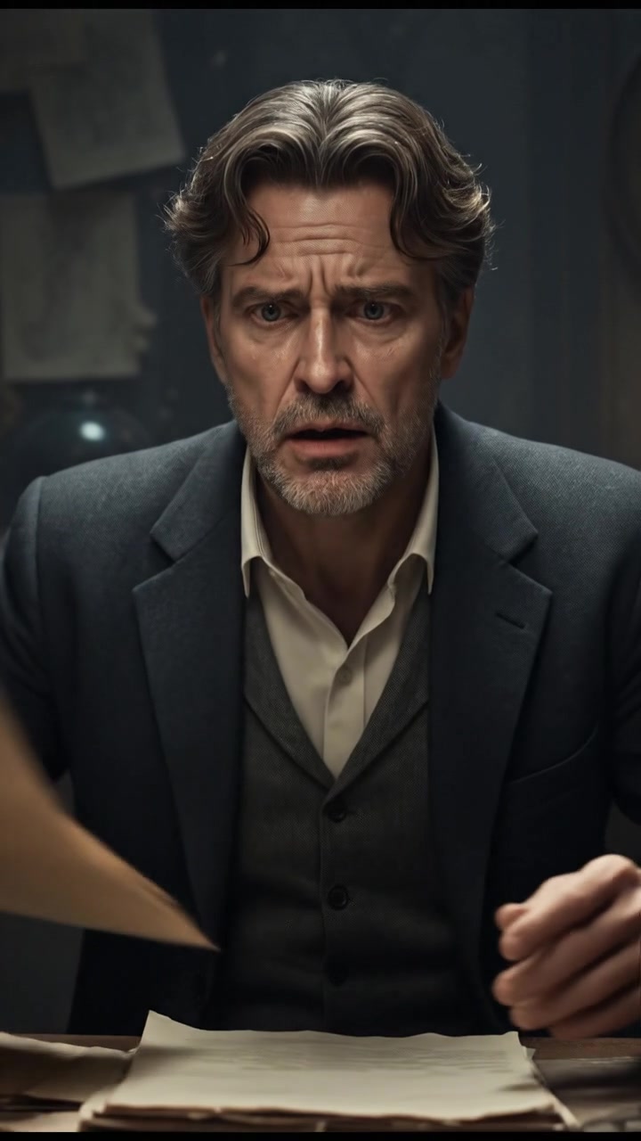 The Mark sitting at a desk with a look of concern, surrounded by papers in a messy room.