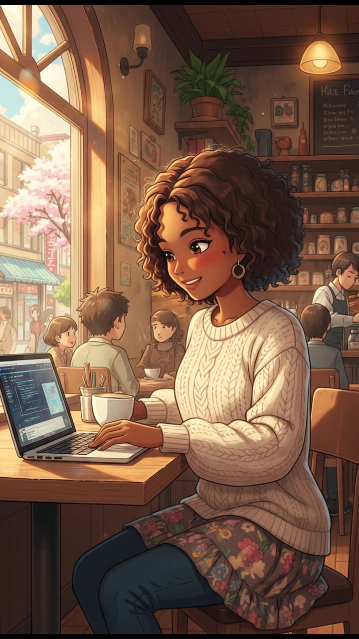Nia smiling while sitting in a cozy cafe, sipping coffee and looking at her laptop.