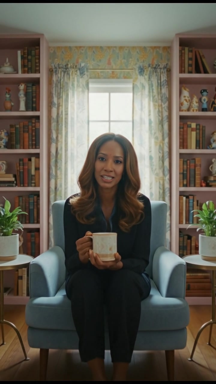 Monique sitting in a cozy living room, holding a steaming cup of tea and listening intently.