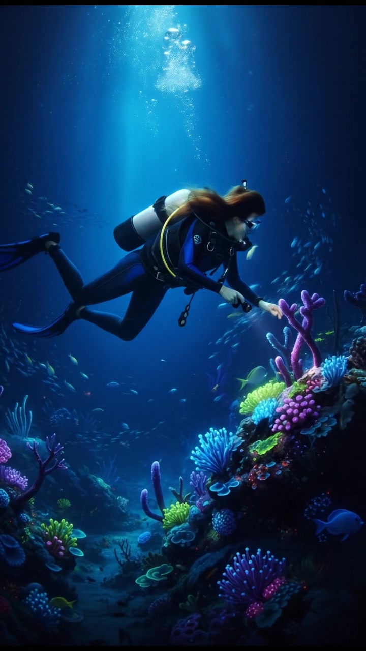 Emma, wearing a wetsuit and scuba gear, swimming near a vibrant coral reef, examining marine life.