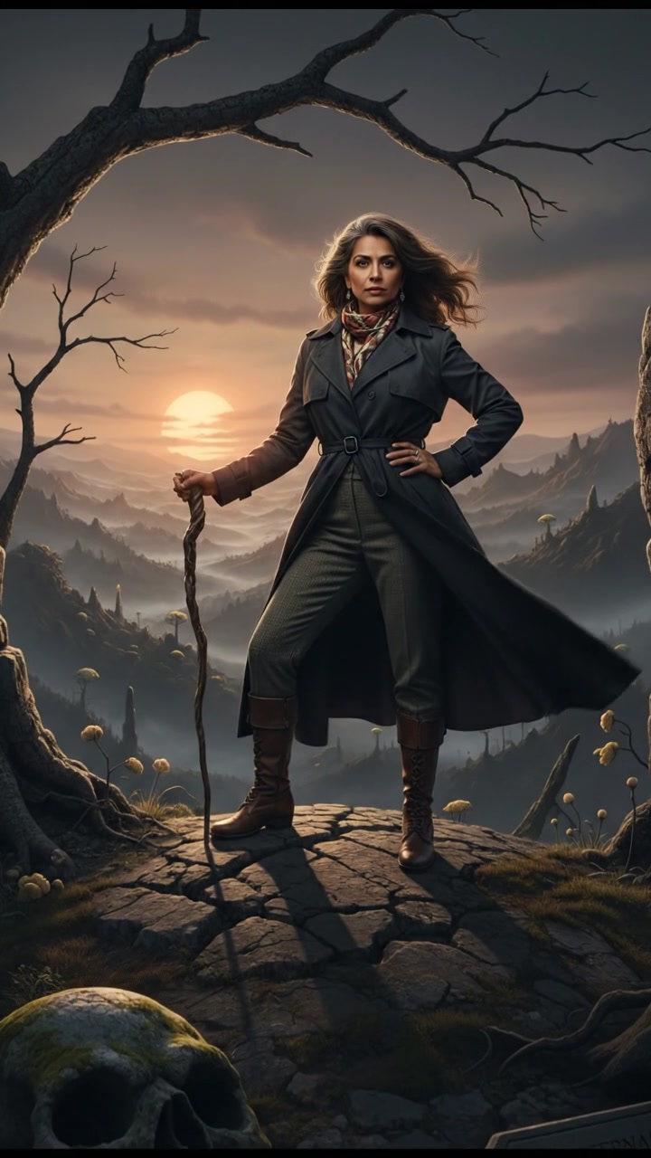 Asha standing confidently on a hilltop, overlooking a vast valley with a sunset in the background.