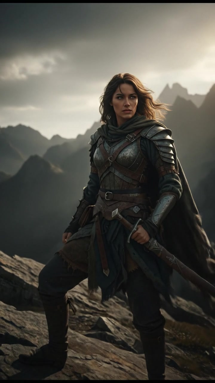 Laila, wearing a warrior outfit, stands confidently on a rocky cliff, gazing at the distant mountains.